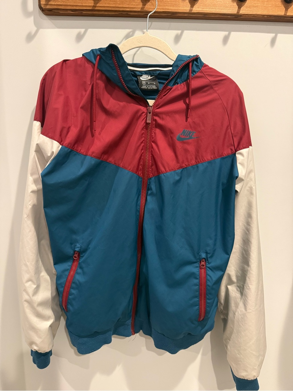 Vintage Men’s Nike Teal, Maroon & Cream Colorblock Hooded Windbreaker size M